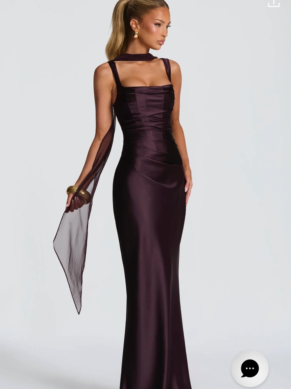 Satin Plum Maxi Evening Dress with Sheer Scarf